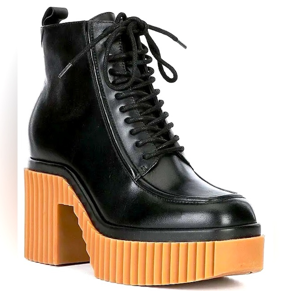 Gianni Bini Womens 5.5Black Haislee Lace-Up Block Heel Leather Platform Booties.
